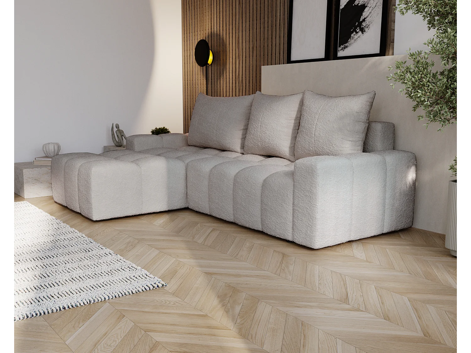 Emporius Wilson Hoekbank met slaapfunctie - slaapbank met bedlade, links, bouclé lichtgrijs (Anthology 15)