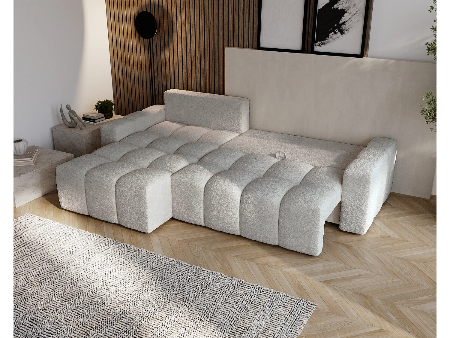Emporius Wilson Hoekbank met slaapfunctie - slaapbank met bedlade, links, bouclé lichtgrijs (Anthology 15)