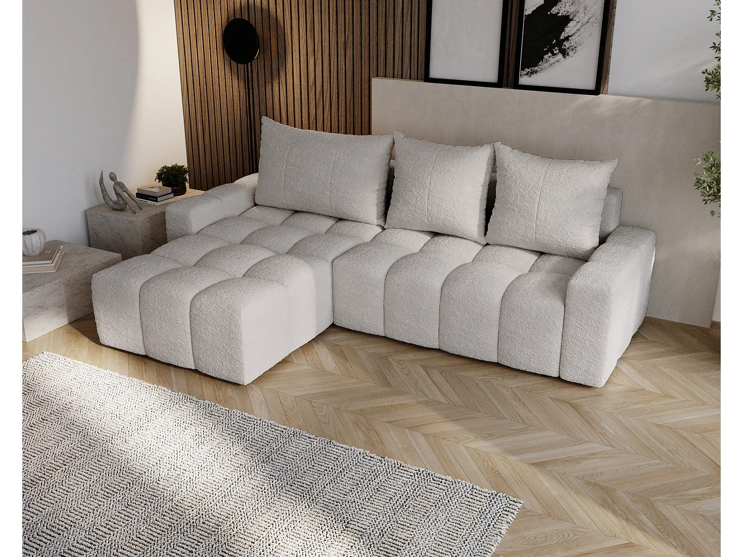 Canapé d'angle convertible Wilson, 255 cm, tissu bouclé, gauche, gris clair