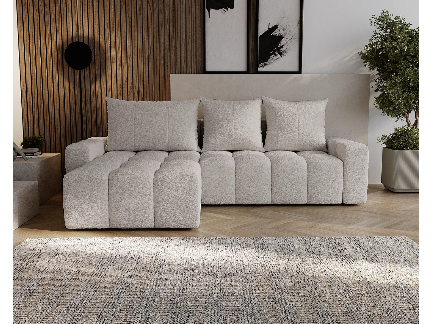 Canapé d'angle convertible Wilson, 255 cm, tissu bouclé, gauche, gris clair