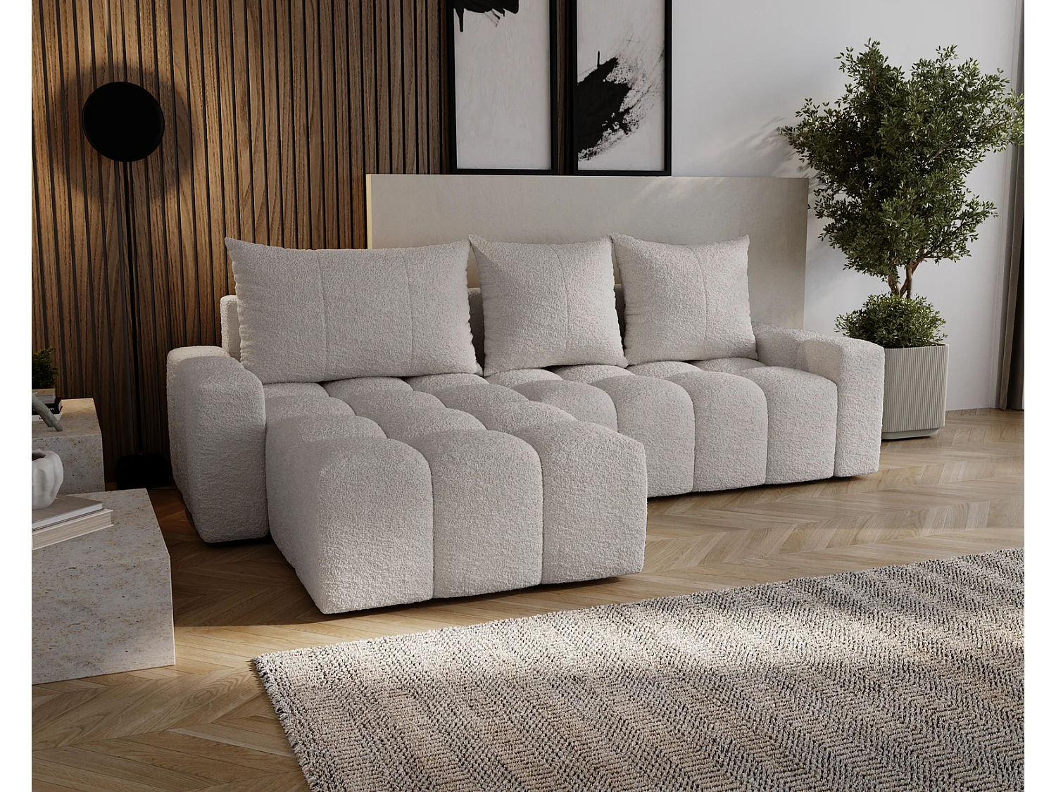 Canapé d'angle convertible Wilson, 255 cm, tissu bouclé, gauche, gris clair