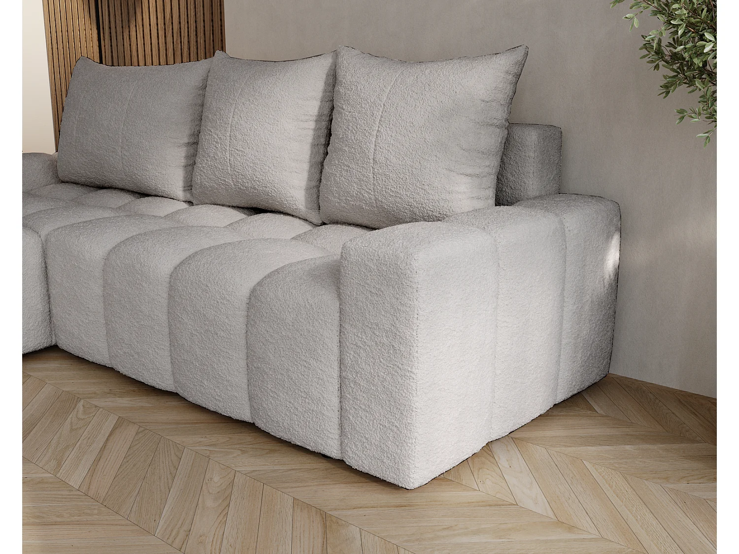 Canapé d'angle convertible Wilson, 255 cm, tissu bouclé, gauche, gris clair