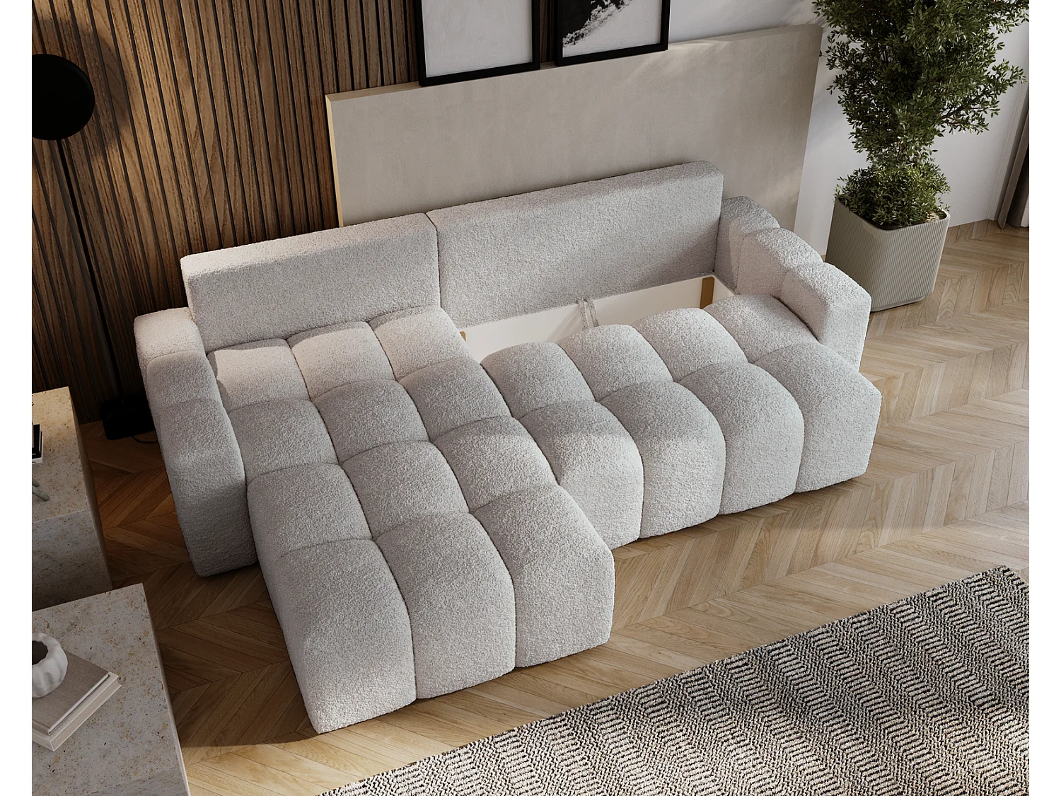 Canapé d'angle convertible Wilson, 255 cm, tissu bouclé, gauche, gris clair