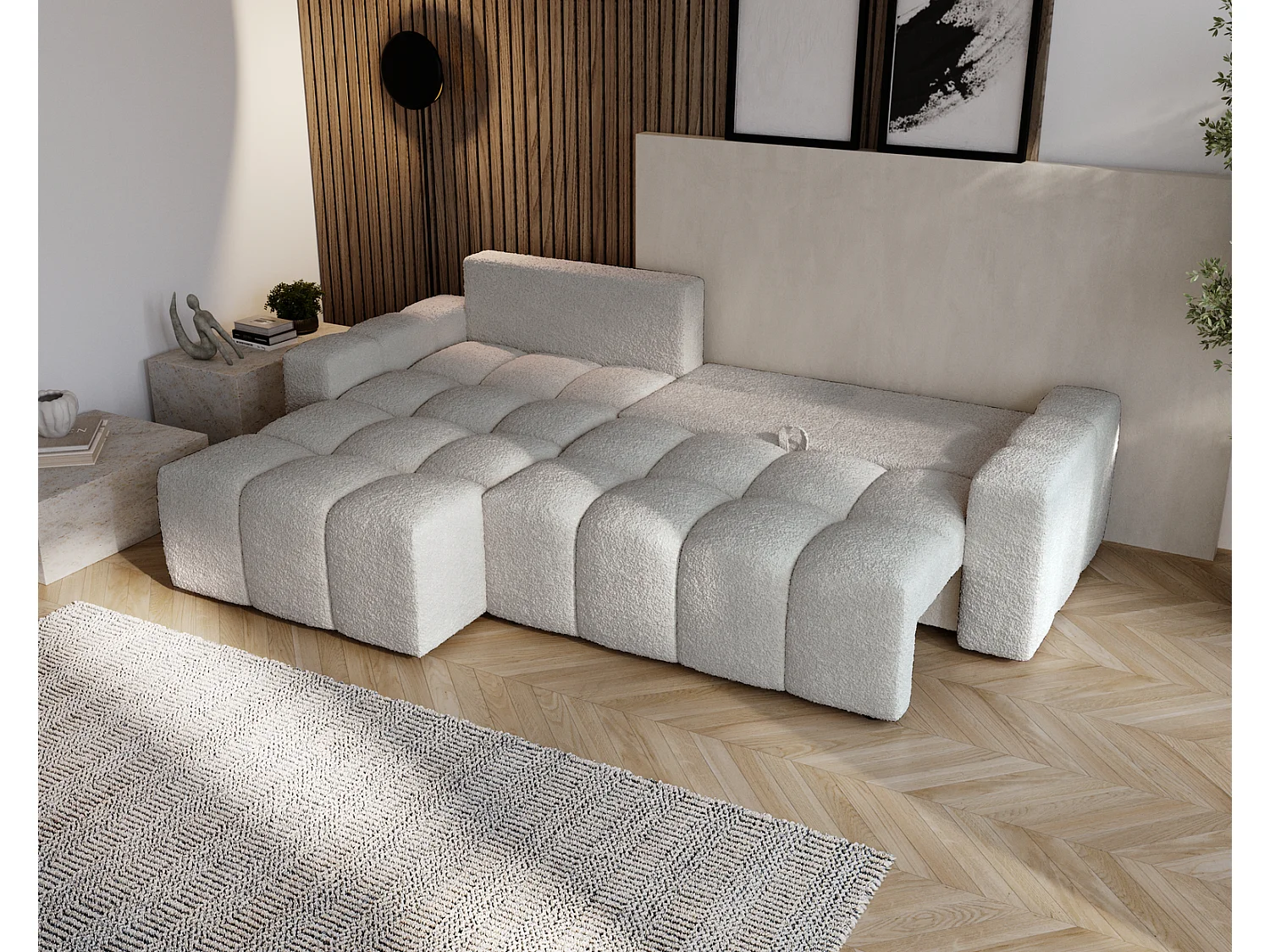 Canapé d'angle convertible Wilson, 255 cm, tissu bouclé, gauche, gris clair