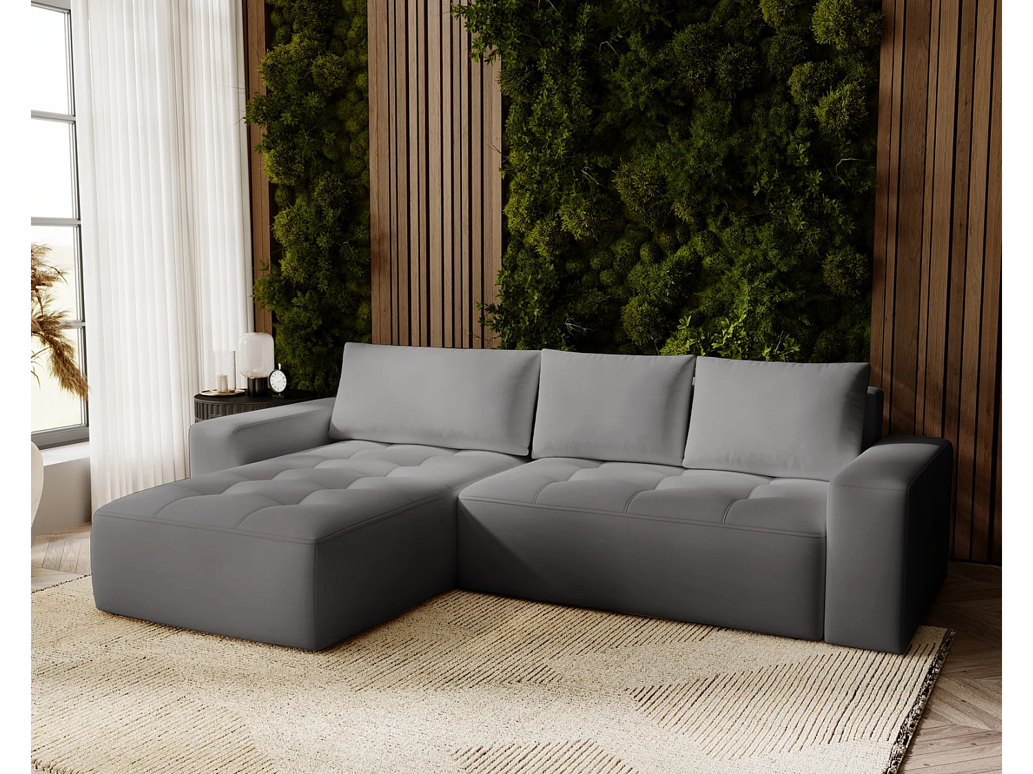 Emporius Nevada Hoekbank 250 cm met slaapfunctie et bedlade, links, fluweel grijs (Trinity 15)