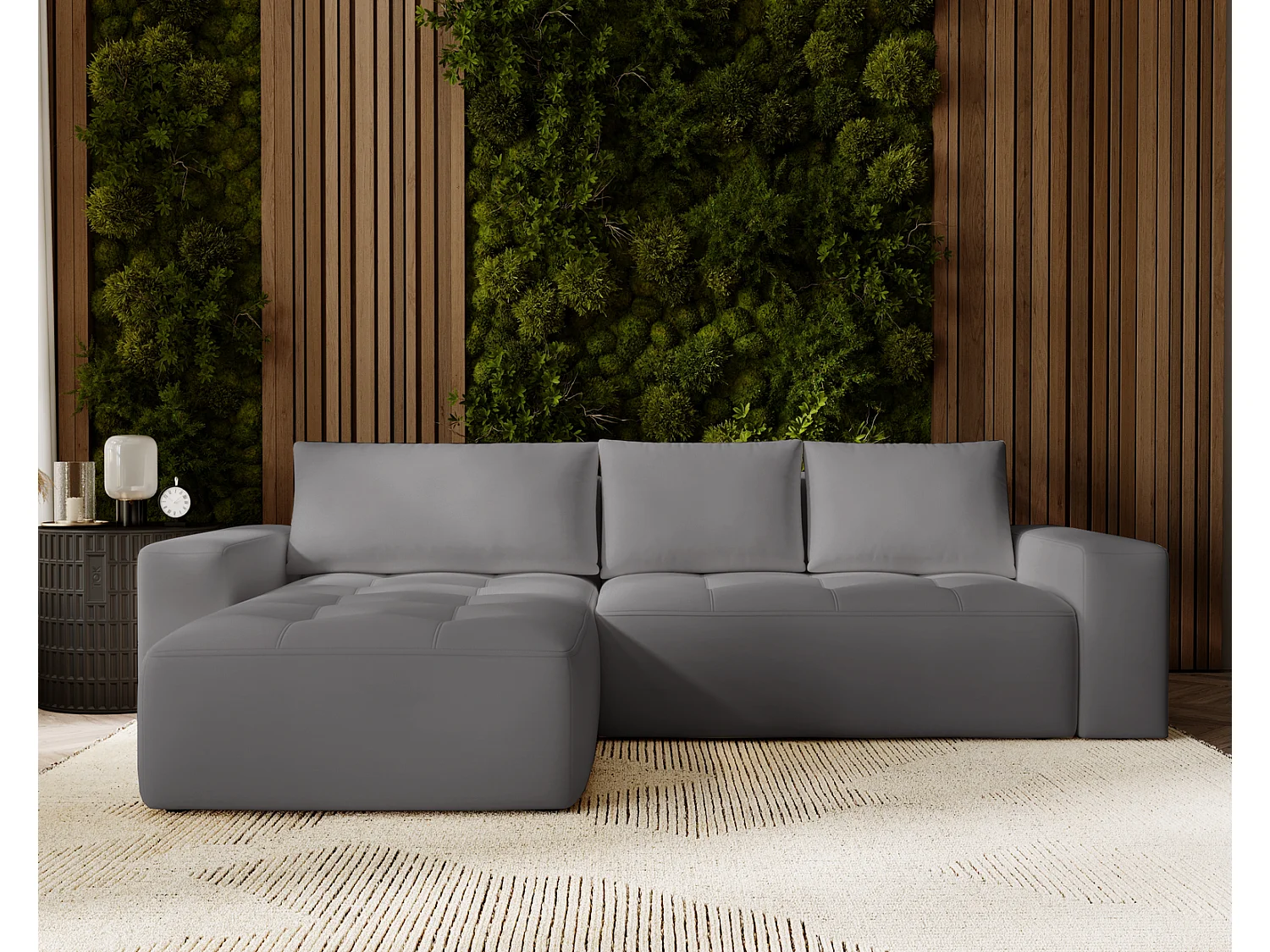 Canapé d'angle convertible 4 places avec rangement en tissu gris