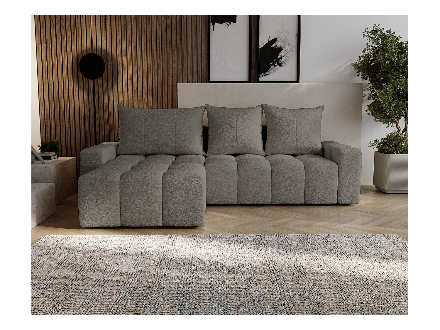 Emporius Wilson Hoekbank met slaapfunctie - slaapbank met bedlade, links, bouclé donkergrijs (Anthology 18)