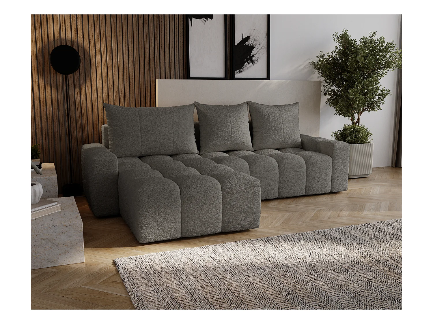 Emporius Wilson Hoekbank met slaapfunctie - slaapbank met bedlade, links, bouclé donkergrijs (Anthology 18)