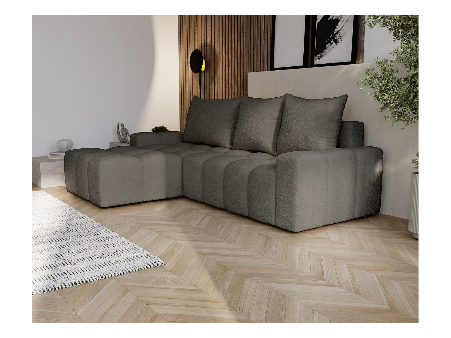 Emporius Wilson Hoekbank met slaapfunctie - slaapbank met bedlade, links, bouclé donkergrijs (Anthology 18)