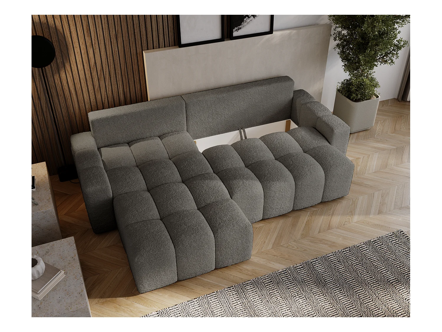 Emporius Wilson Hoekbank met slaapfunctie - slaapbank met bedlade, links, bouclé donkergrijs (Anthology 18)