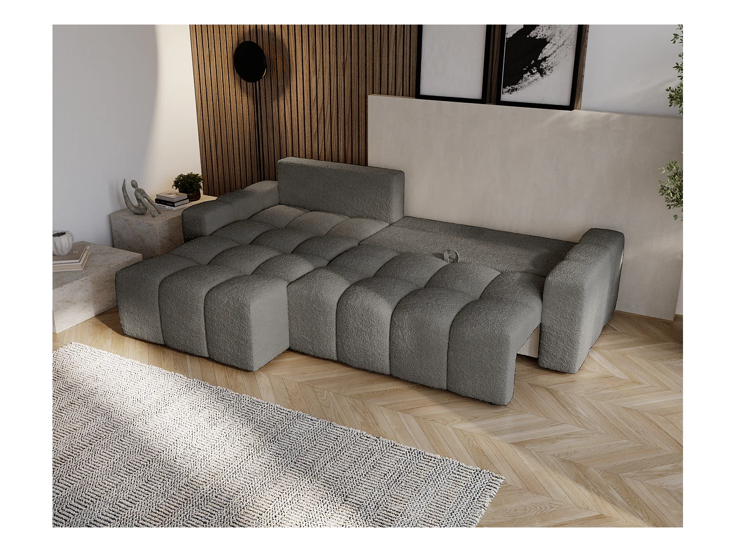 Emporius Wilson Hoekbank met slaapfunctie - slaapbank met bedlade, links, bouclé donkergrijs (Anthology 18)