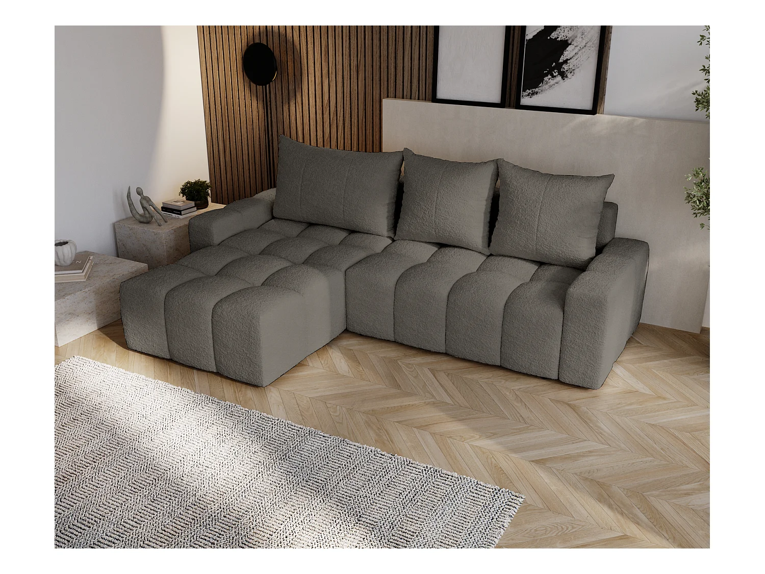 Emporius Wilson Canapé d'angle - Tissu Bouclé, Canapé 255 cm Convertible, Gauche - Gris foncé (Anthology 18)