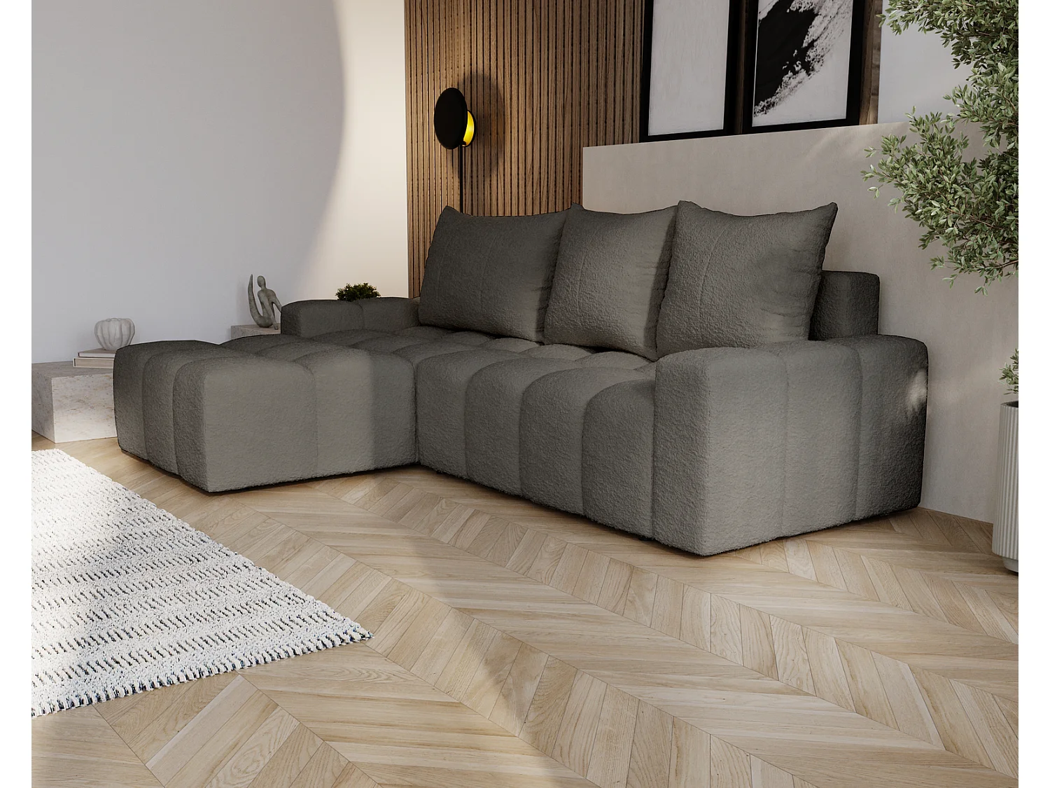 Emporius Wilson Canapé d'angle - Tissu Bouclé, Canapé 255 cm Convertible, Gauche - Gris foncé (Anthology 18)