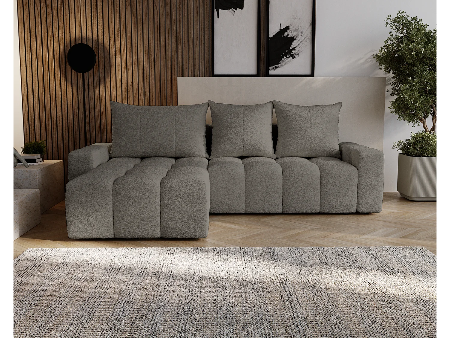 Emporius Wilson Hoekbank met slaapfunctie - slaapbank met bedlade, links, bouclé donkergrijs (Anthology 18)