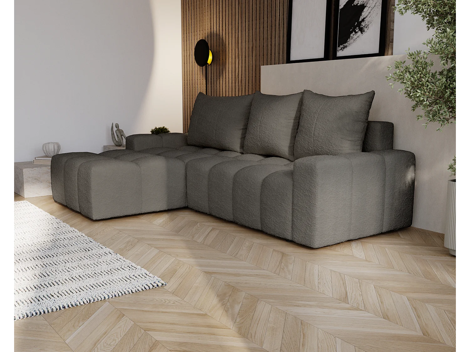 Emporius Wilson Hoekbank met slaapfunctie - slaapbank met bedlade, links, bouclé donkergrijs (Anthology 18)