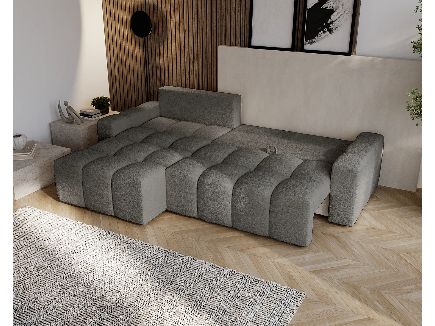 Emporius Wilson Hoekbank met slaapfunctie - slaapbank met bedlade, links, bouclé donkergrijs (Anthology 18)