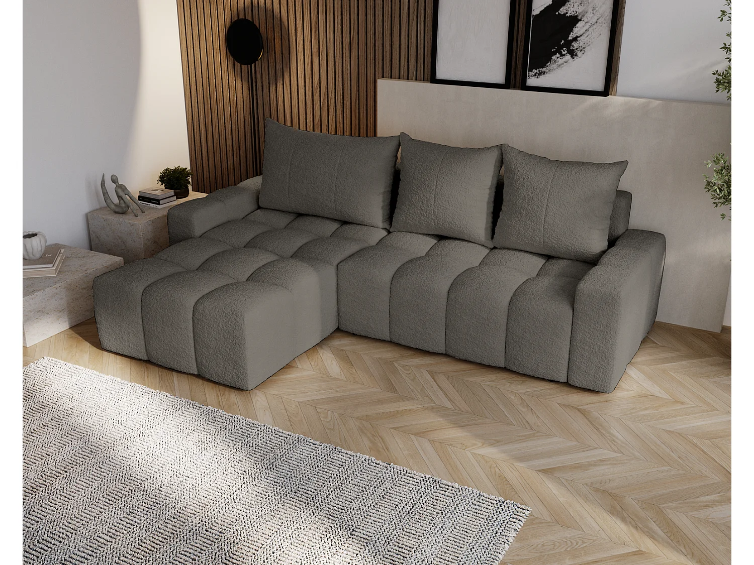 Canapé d'angle convertible Wilson, 255 cm, tissu bouclé, gauche, gris foncé