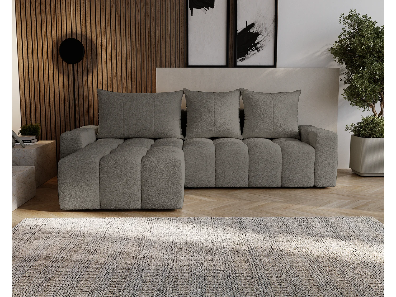 Canapé d'angle convertible Wilson, 255 cm, tissu bouclé, gauche, gris foncé