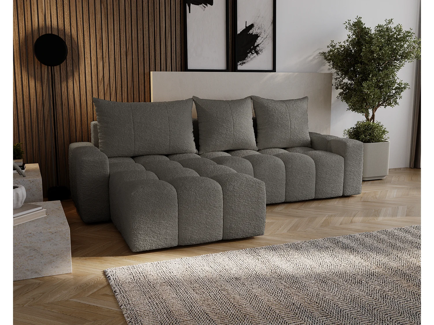 Canapé d'angle convertible Wilson, 255 cm, tissu bouclé, gauche, gris foncé