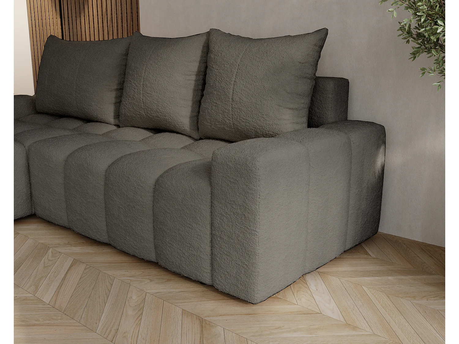 Canapé d'angle convertible Wilson, 255 cm, tissu bouclé, gauche, gris foncé