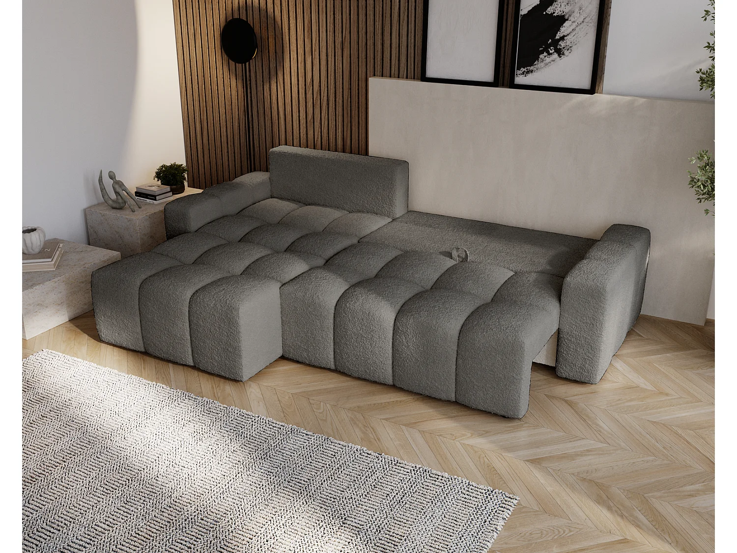 Canapé d'angle convertible Wilson, 255 cm, tissu bouclé, gauche, gris foncé