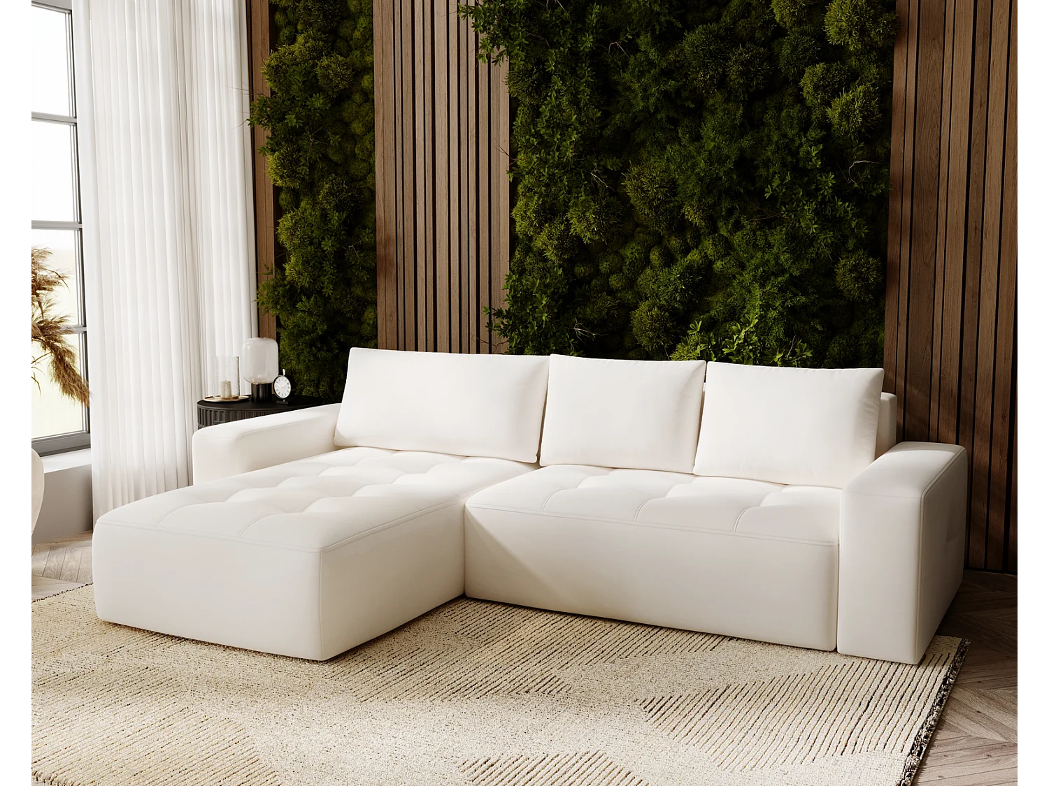 Emporius Nevada Hoekbank 250 cm met slaapfunctie et bedlade, links, fluweel crème (Trinity 1)