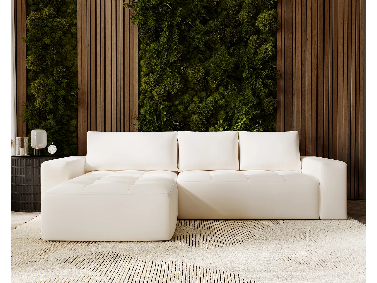 Canapé d'angle convertible 4 places en tissu capitonné crème