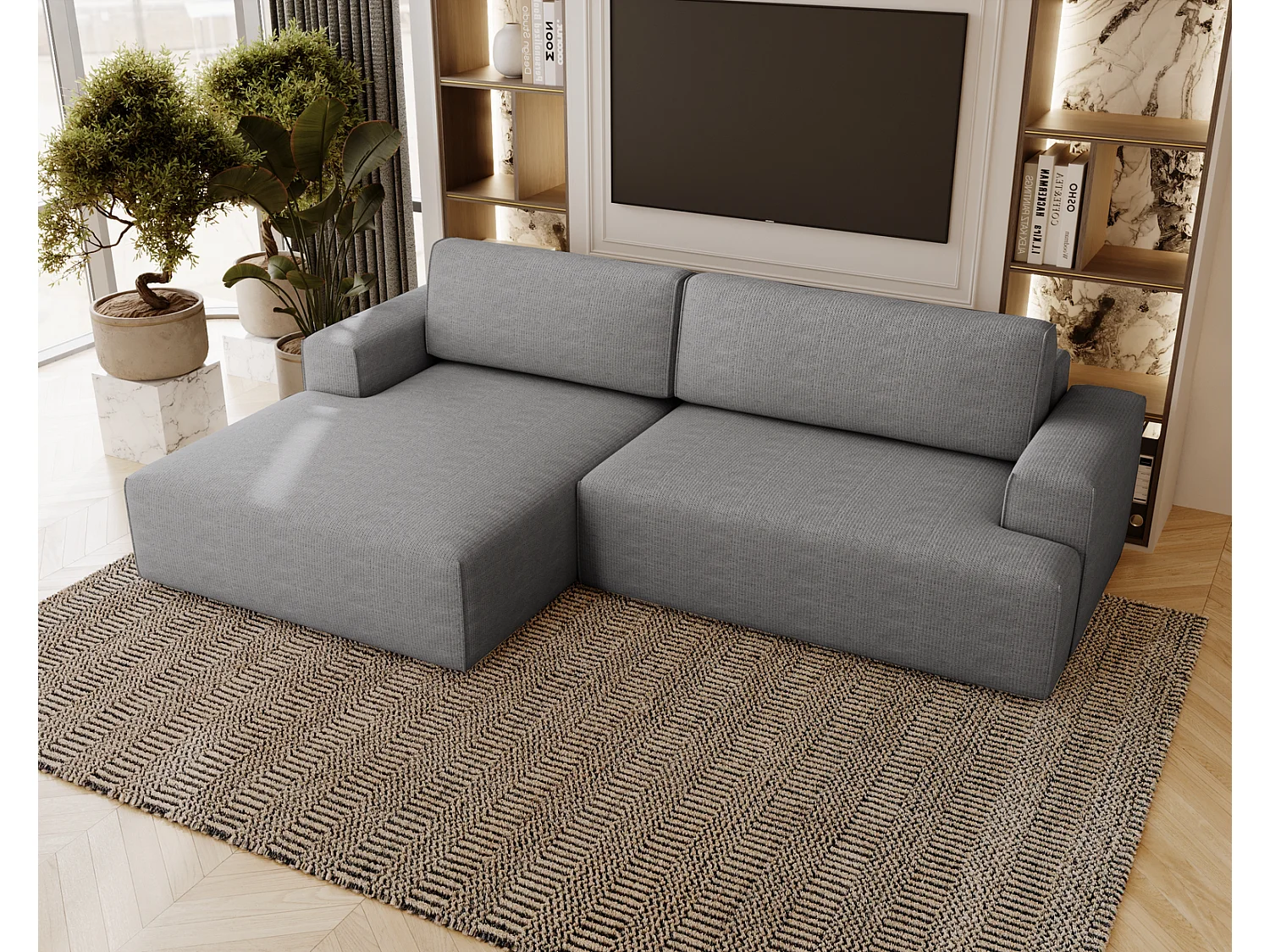 Canapé d'angle convertible Boston, canapé-lit 270 cm avec coffre de rangement, 4 places, gauche, gris