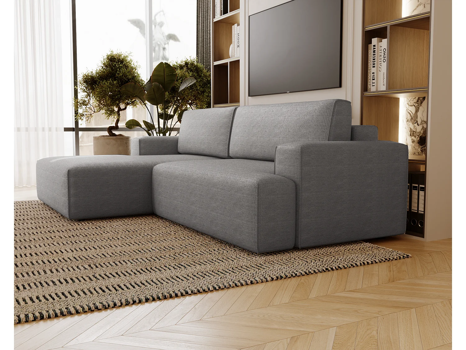 Canapé d'angle convertible Boston, canapé-lit 270 cm avec coffre de rangement, 4 places, gauche, gris