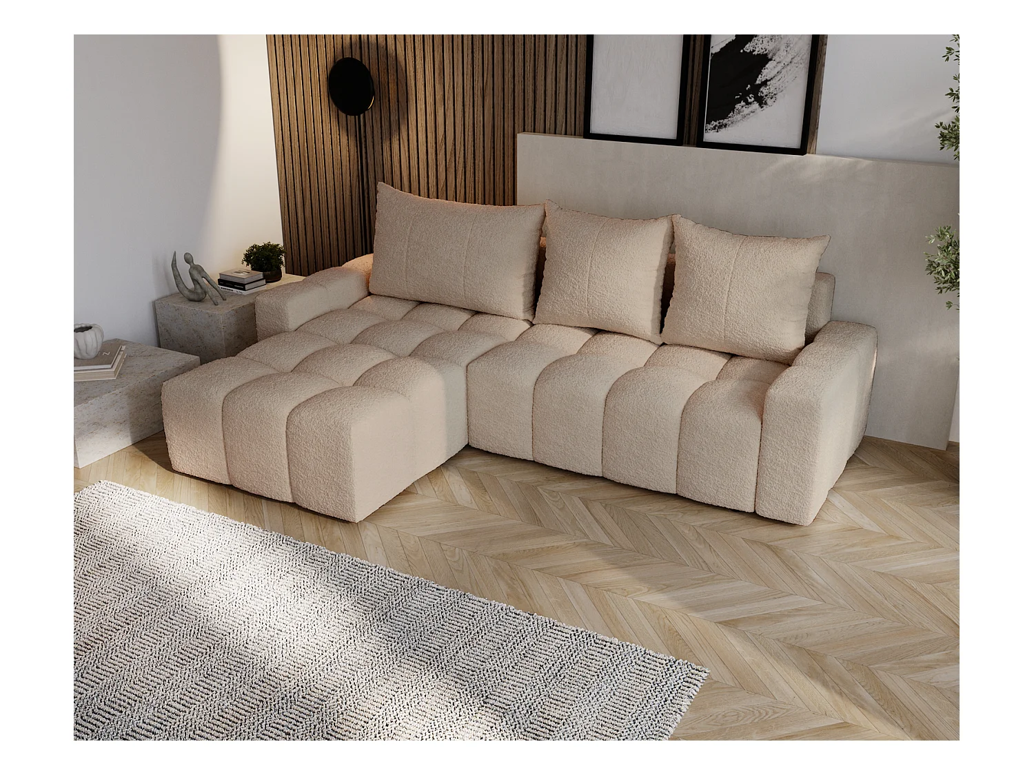 Emporius Wilson Hoekbank met slaapfunctie - slaapbank met bedlade, links, bouclé beige (Anthology 3)