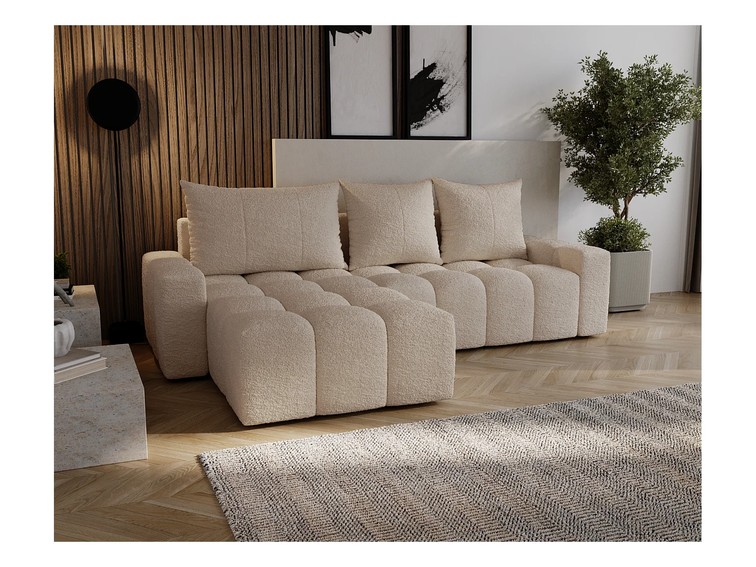 Emporius Wilson Hoekbank met slaapfunctie - slaapbank met bedlade, links, bouclé beige (Anthology 3)