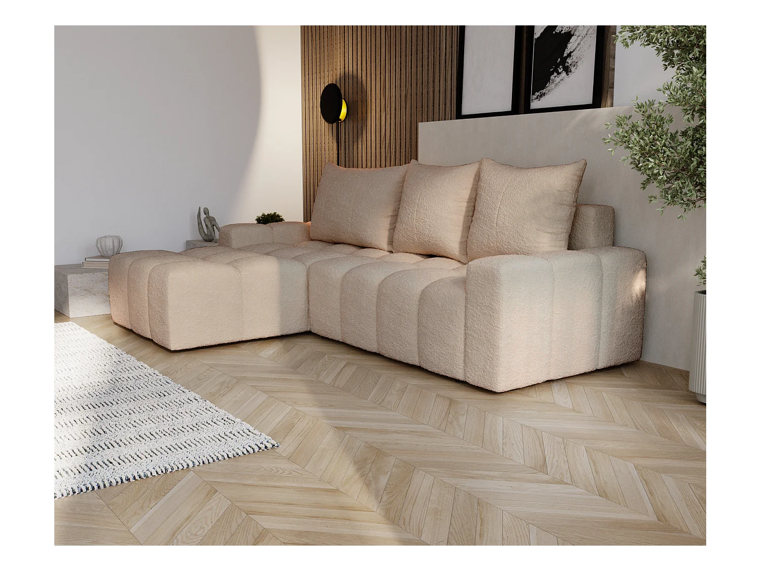 Emporius Wilson Hoekbank met slaapfunctie - slaapbank met bedlade, links, bouclé beige (Anthology 3)