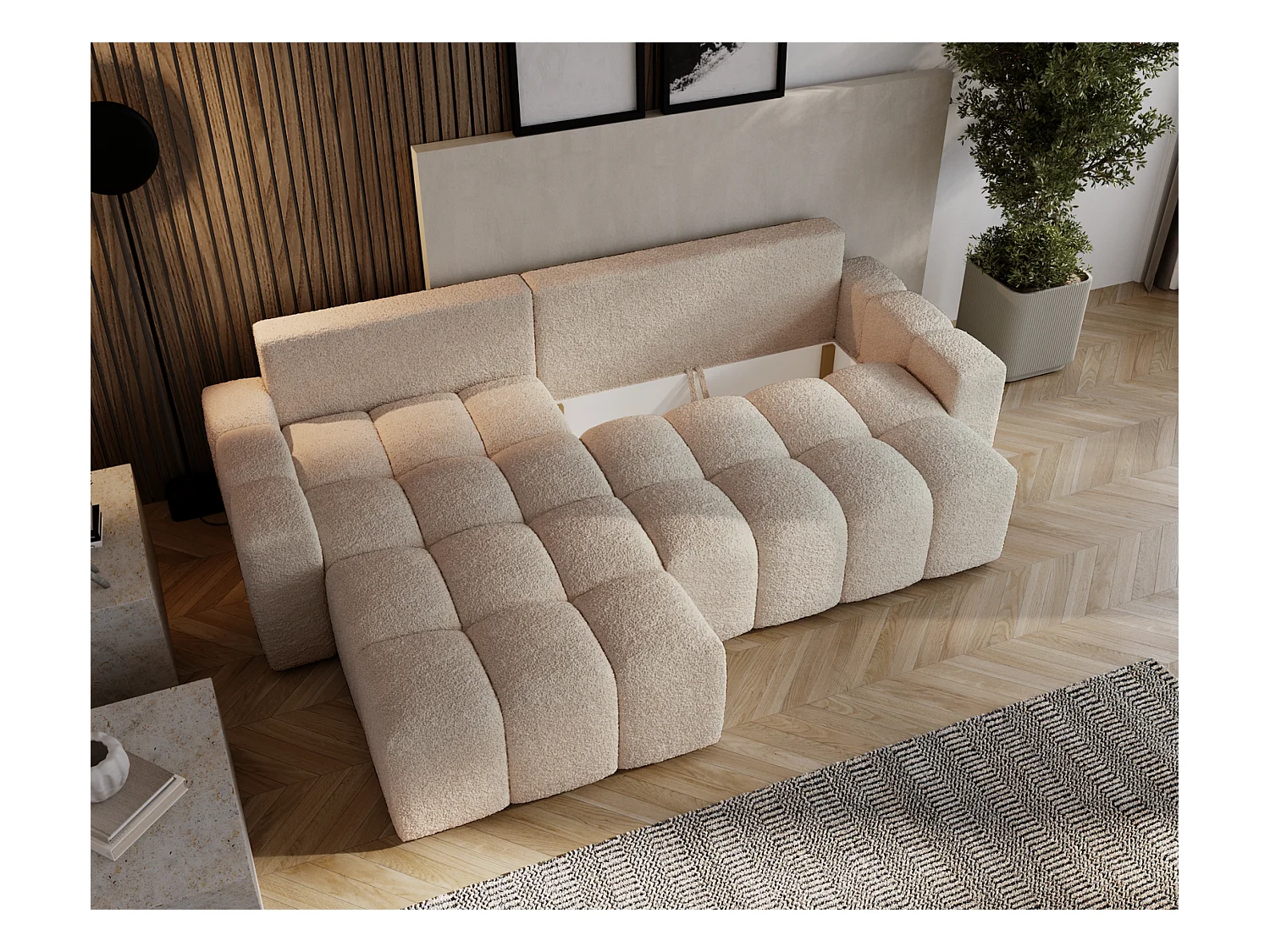 Emporius Wilson Hoekbank met slaapfunctie - slaapbank met bedlade, links, bouclé beige (Anthology 3)