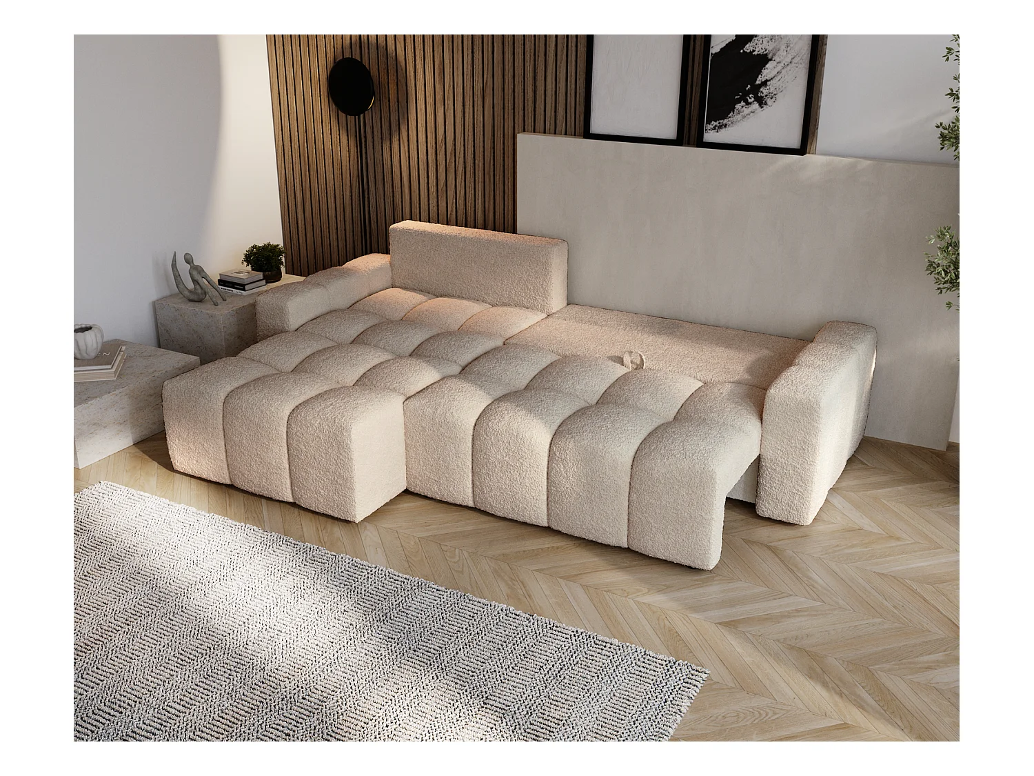 Emporius Wilson Hoekbank met slaapfunctie - slaapbank met bedlade, links, bouclé beige (Anthology 3)