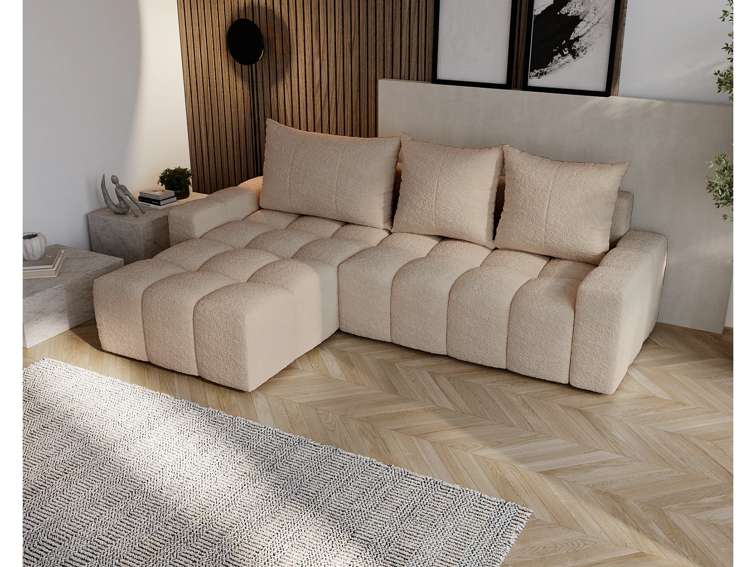 Emporius Wilson Hoekbank met slaapfunctie - slaapbank met bedlade, links, bouclé beige (Anthology 3)