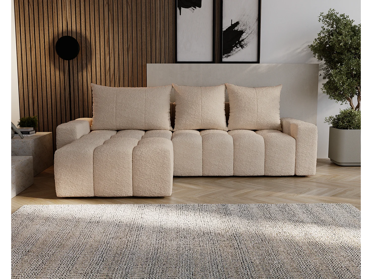 Emporius Wilson Hoekbank met slaapfunctie - slaapbank met bedlade, links, bouclé beige (Anthology 3)