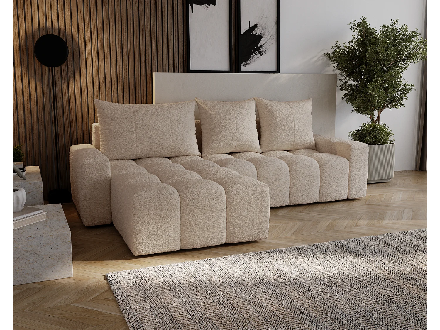 Emporius Wilson Hoekbank met slaapfunctie - slaapbank met bedlade, links, bouclé beige (Anthology 3)