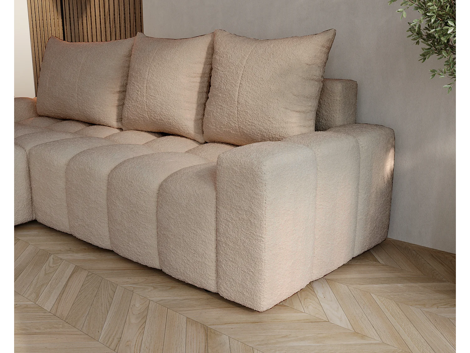 Emporius Wilson Hoekbank met slaapfunctie - slaapbank met bedlade, links, bouclé beige (Anthology 3)