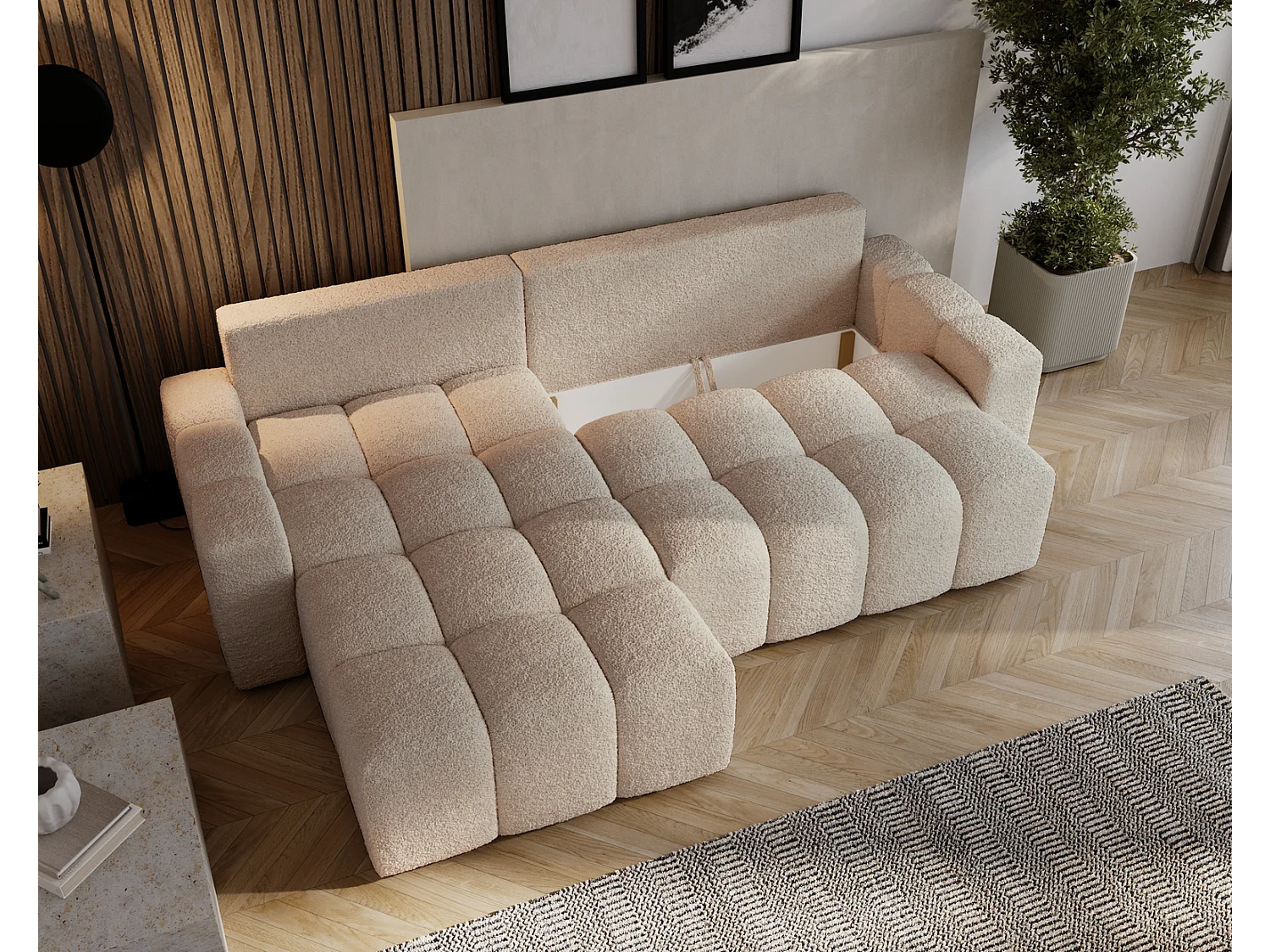 Emporius Wilson Hoekbank met slaapfunctie - slaapbank met bedlade, links, bouclé beige (Anthology 3)