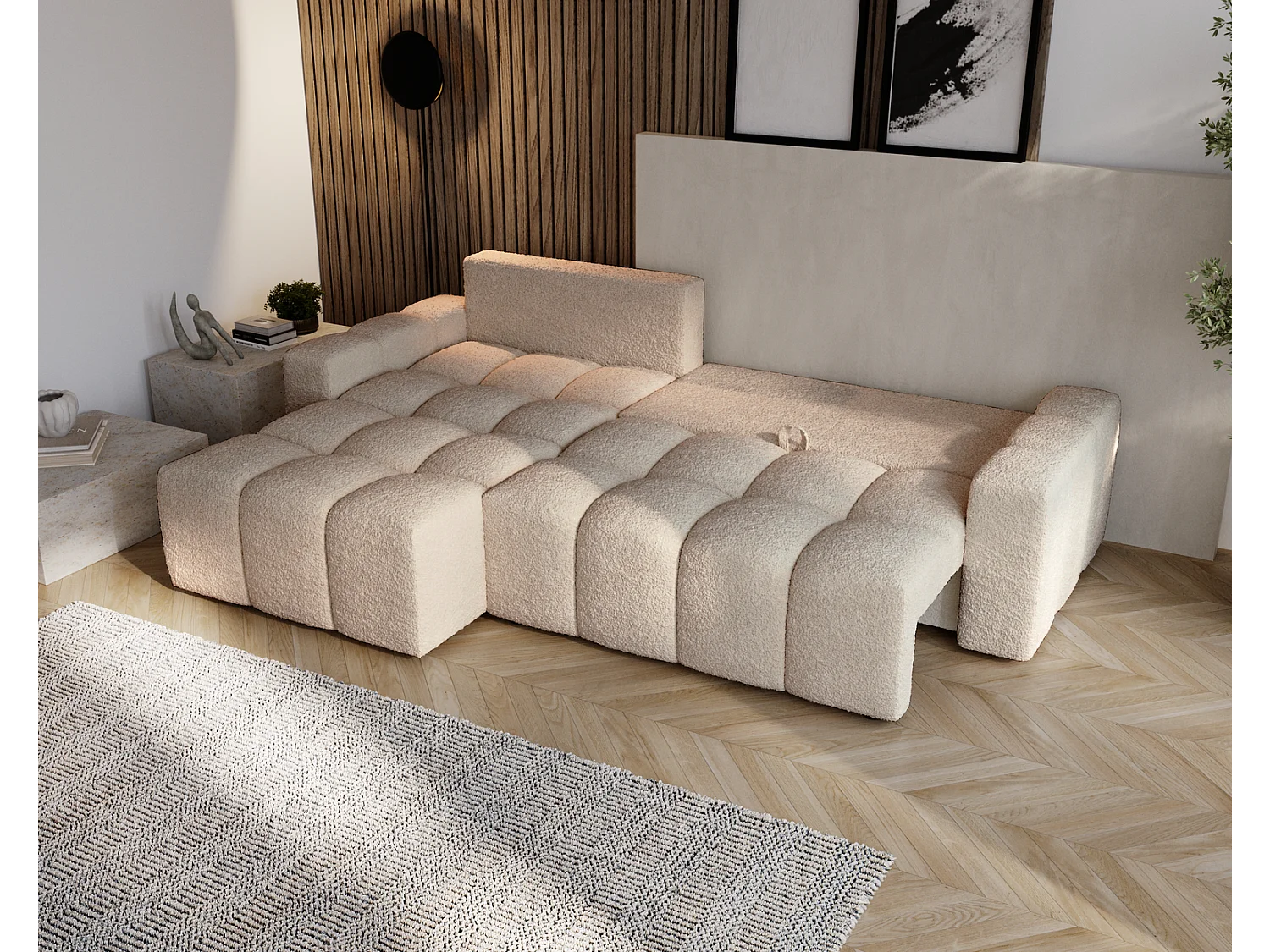 Emporius Wilson Hoekbank met slaapfunctie - slaapbank met bedlade, links, bouclé beige (Anthology 3)