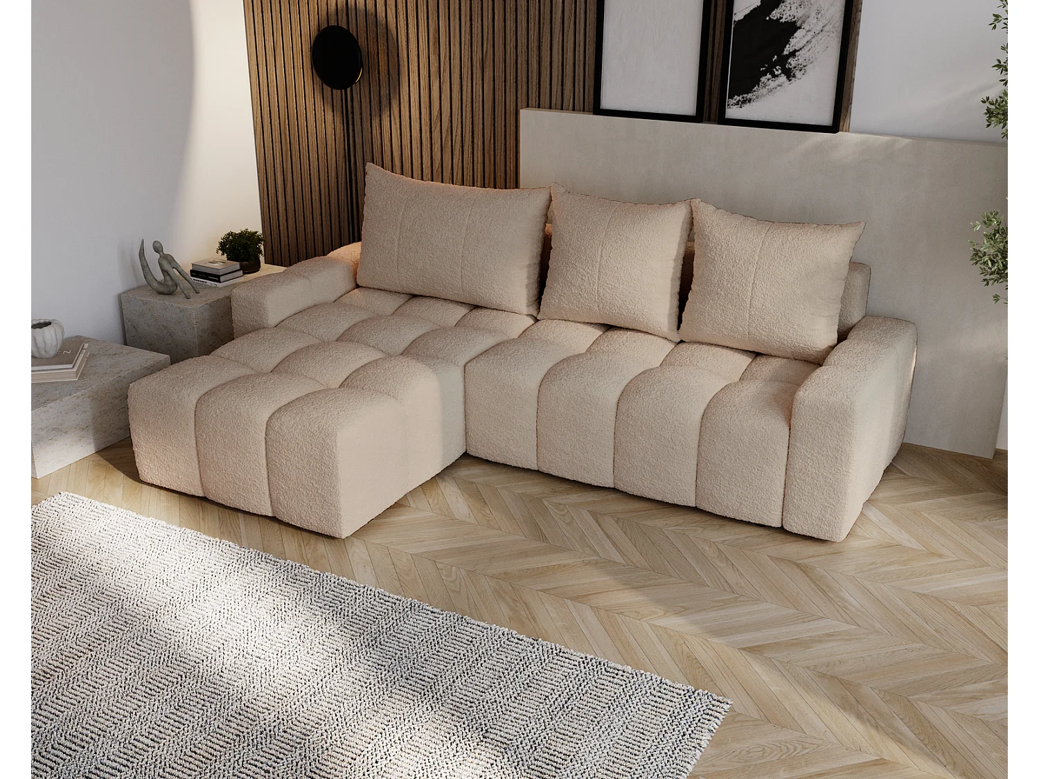 Canapé d'angle convertible Wilson, 255 cm, tissu bouclé, gauche, beige