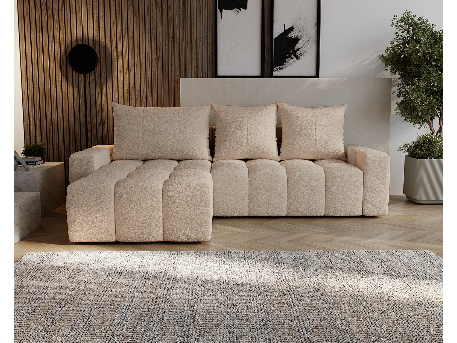 Canapé d'angle convertible Wilson, 255 cm, tissu bouclé, gauche, beige