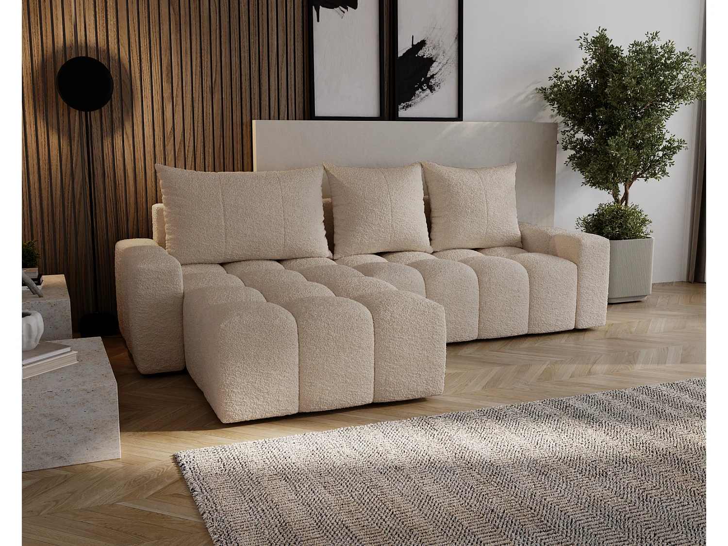 Canapé d'angle convertible Wilson, 255 cm, tissu bouclé, gauche, beige