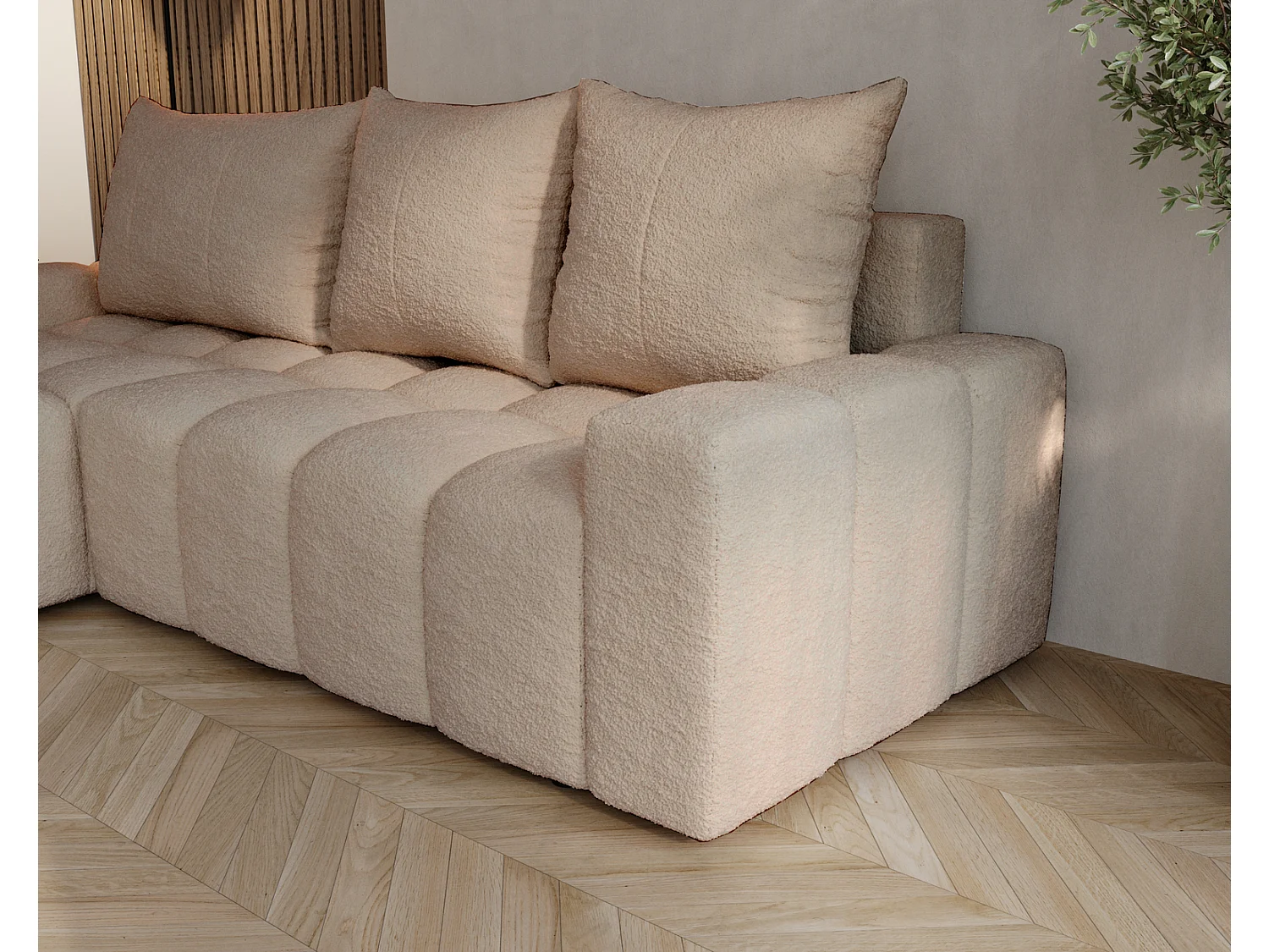Canapé d'angle convertible Wilson, 255 cm, tissu bouclé, gauche, beige