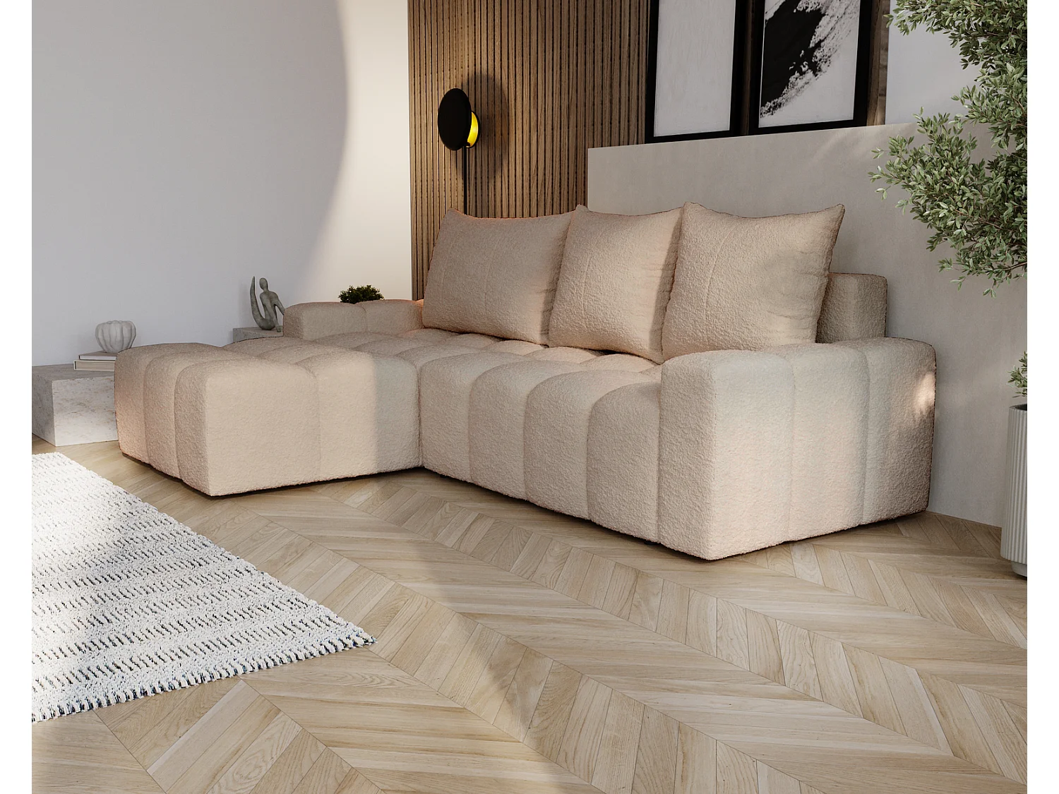 Canapé d'angle convertible Wilson, 255 cm, tissu bouclé, gauche, beige