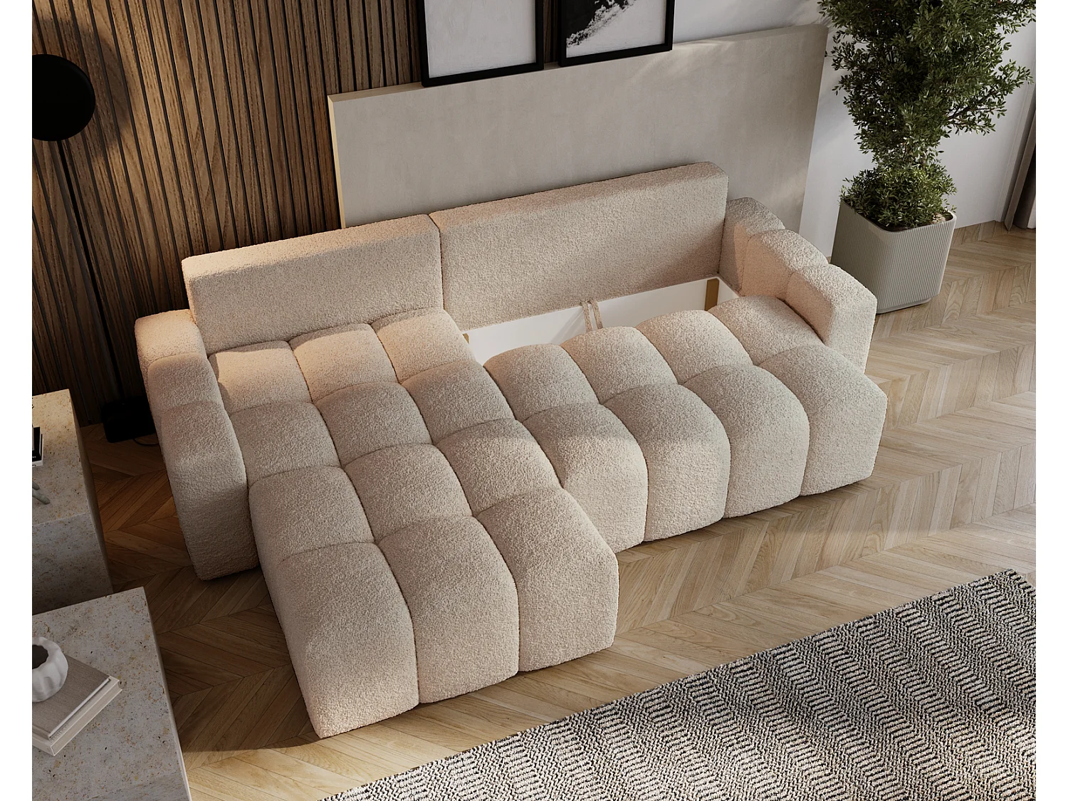 Canapé d'angle convertible Wilson, 255 cm, tissu bouclé, gauche, beige