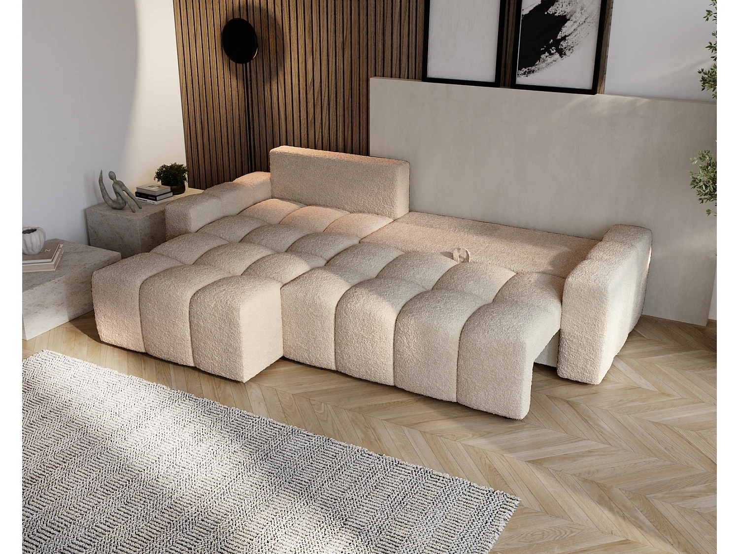 Canapé d'angle convertible Wilson, 255 cm, tissu bouclé, gauche, beige