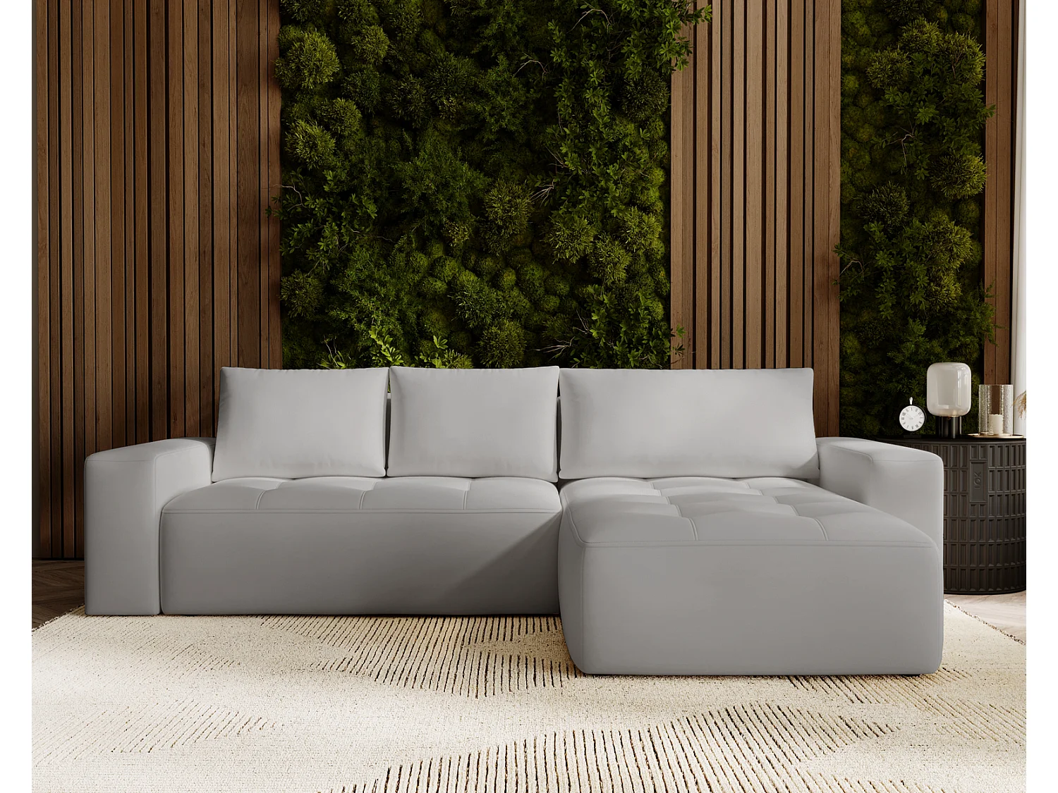 Canapé d'angle convertible 4 places en tissu gris clair EMPORIUS