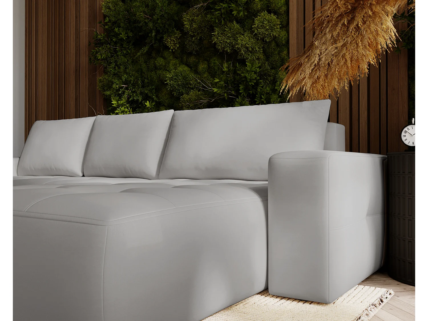 Canapé d'angle convertible 4 places en tissu gris clair EMPORIUS