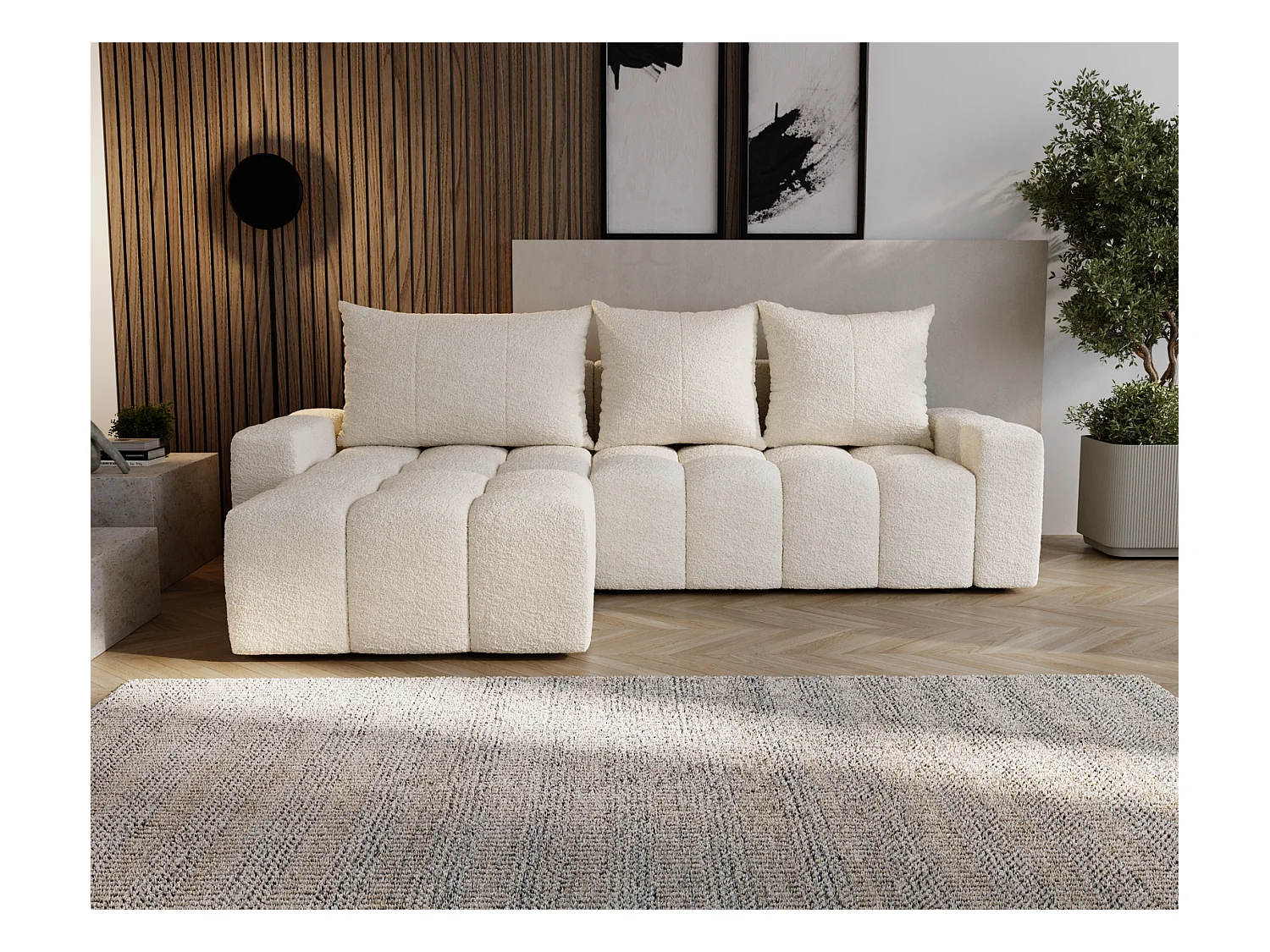 Emporius Wilson Hoekbank met slaapfunctie - slaapbank met bedlade, links, bouclé crème (Anthology 1)